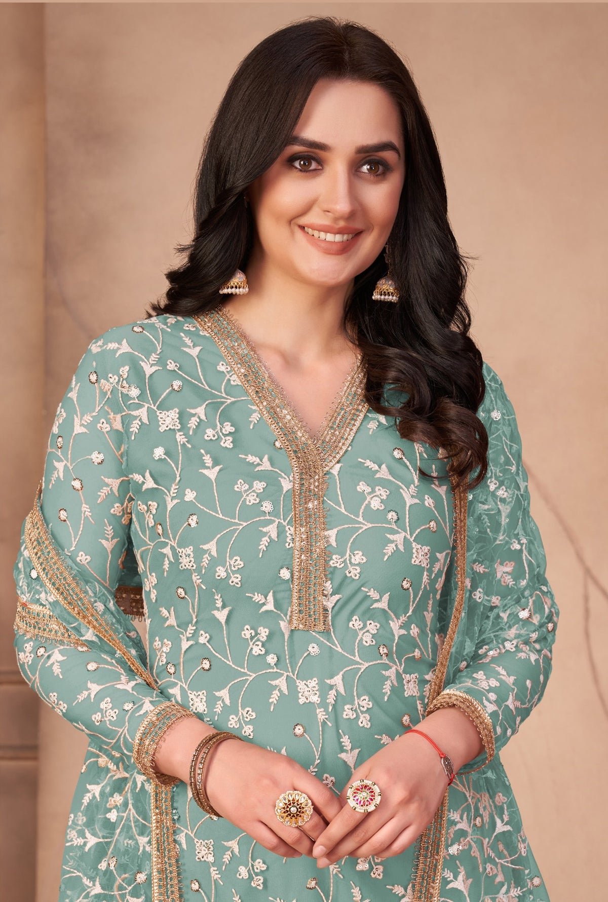 Sky Blue Butterfly Net Straight Salwar Suit - Joshindia