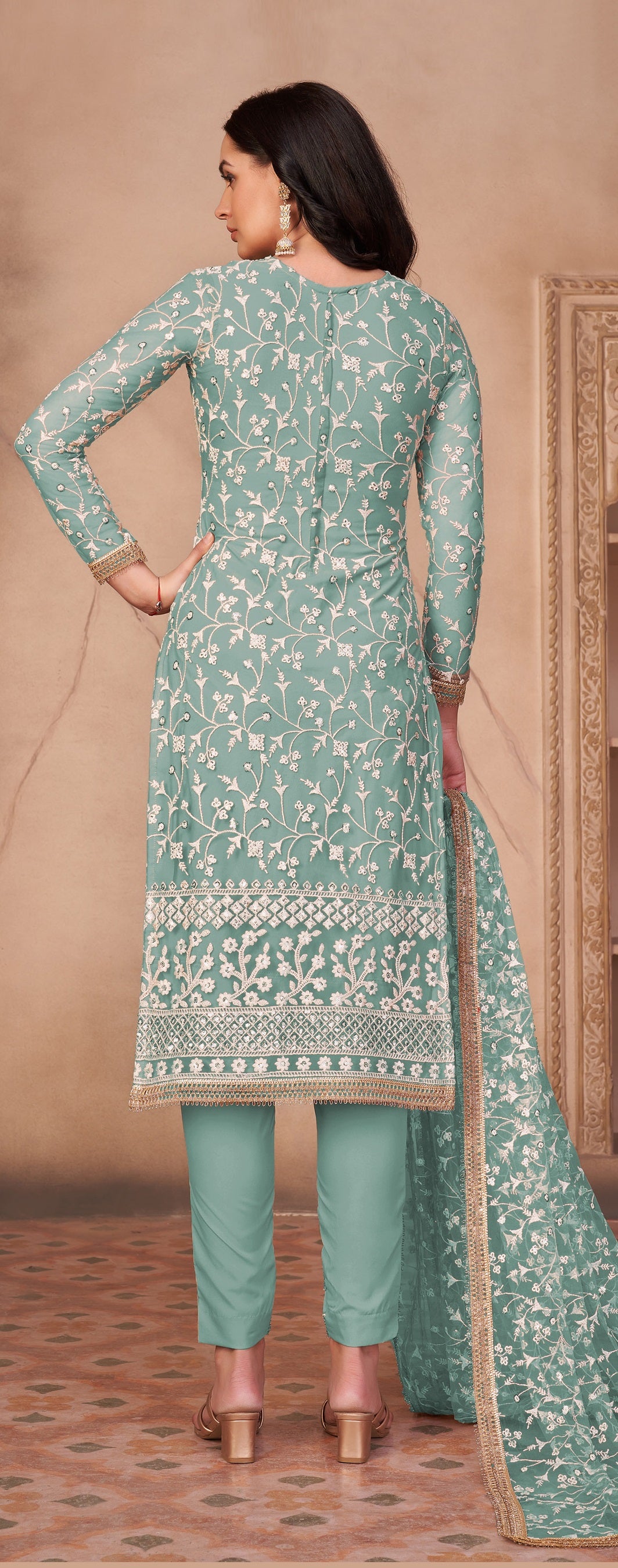 Sky Blue Butterfly Net Straight Salwar Suit - Joshindia