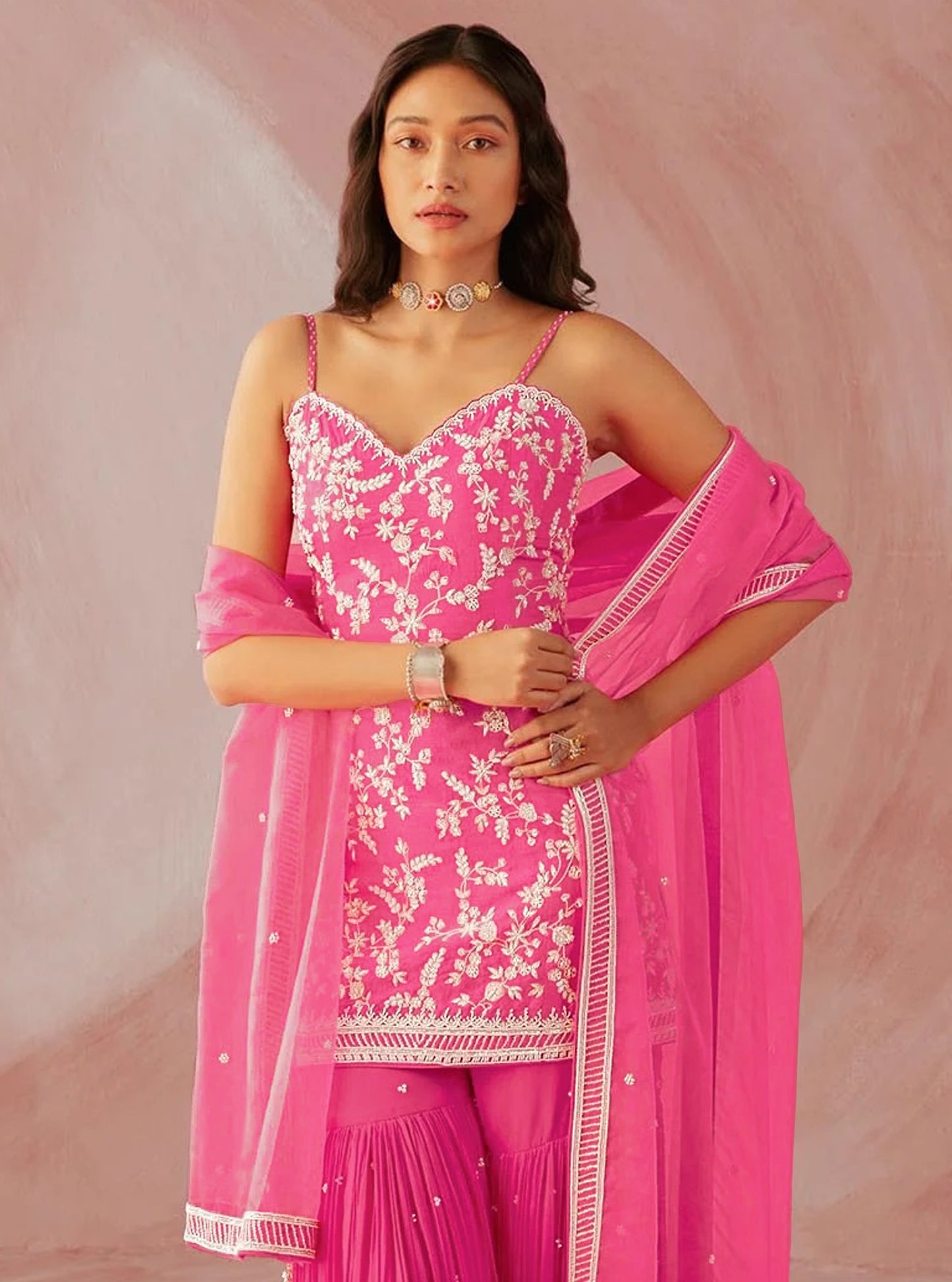 Pink Color Hevey Faux Georgette With Embroidery And Mirror Work Fancy Palazzo suit