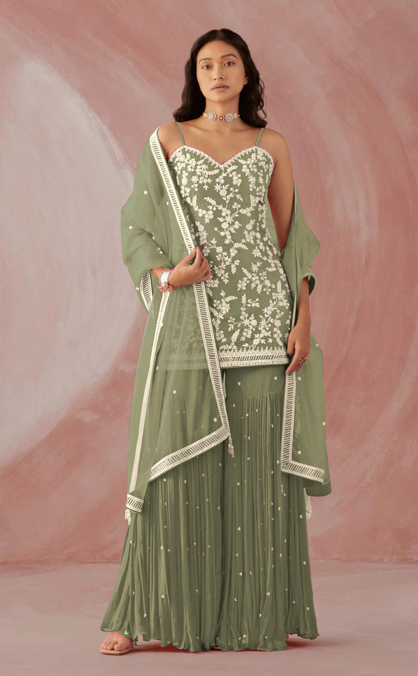 Green Color Hevey Faux Georgette With Embroidery And Mirror Work Fancy Palazzo suit