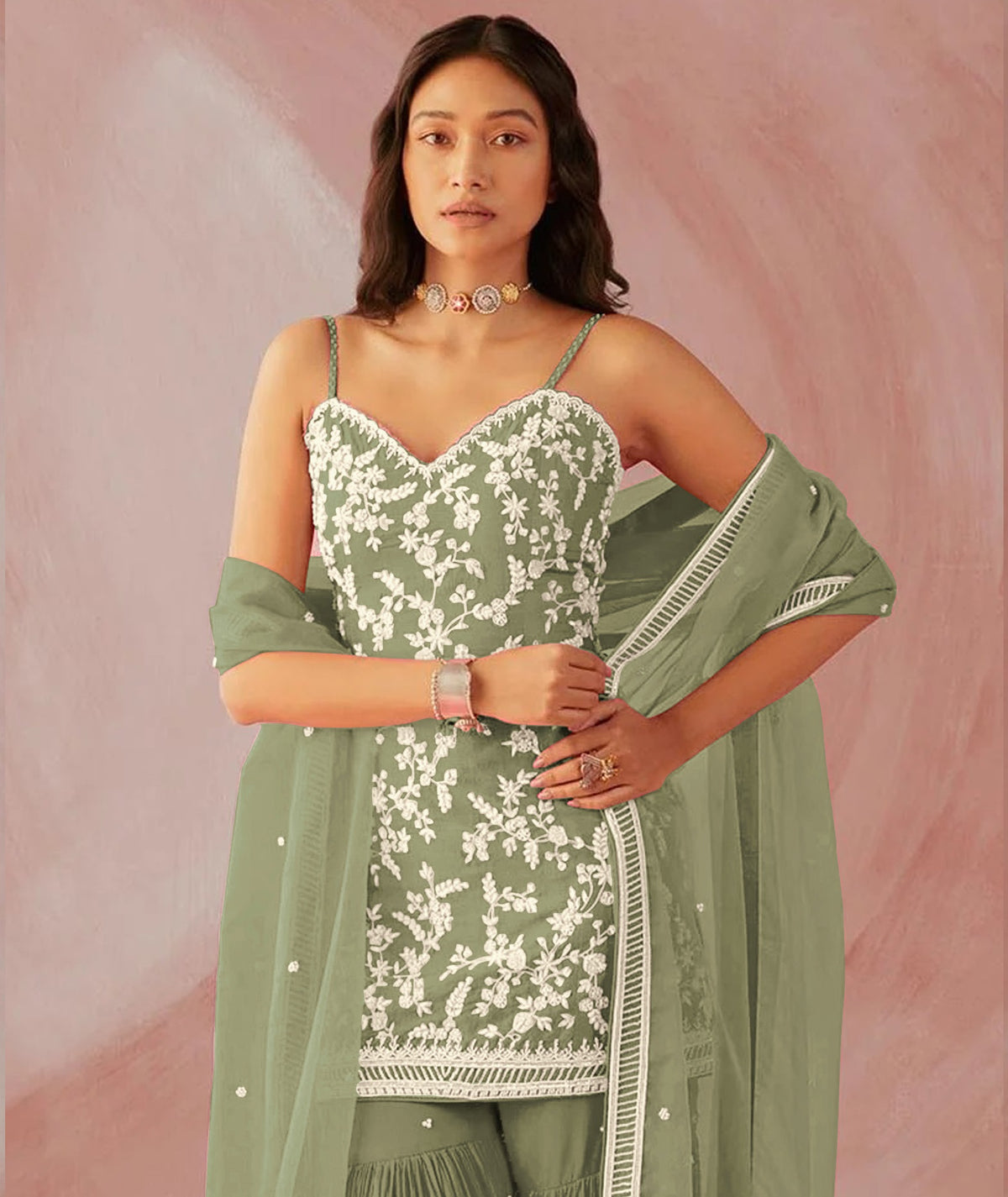 Green Color Hevey Faux Georgette With Embroidery And Mirror Work Fancy Palazzo suit - Joshindia