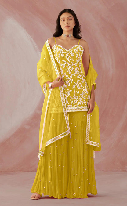 Yellow Color Hevey Faux Georgette With Embroidery And Mirror Work Fancy Palazzo suit