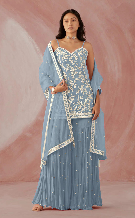 Sky Blue Color Hevey Faux Georgette With Embroidery And Mirror Work Fancy Palazzo suit