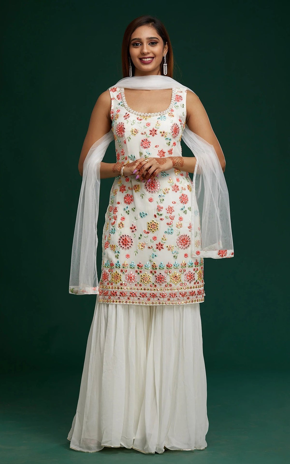 White Color Hevey Faux Georgette Embroidery And Mirror Work Fancy Palazzo suit - Joshindia