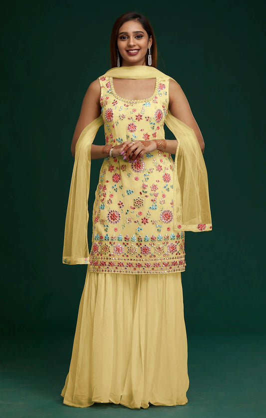 Yellow Color Hevey Faux Georgette Embroidery And Mirror Work Fancy Palazzo suit