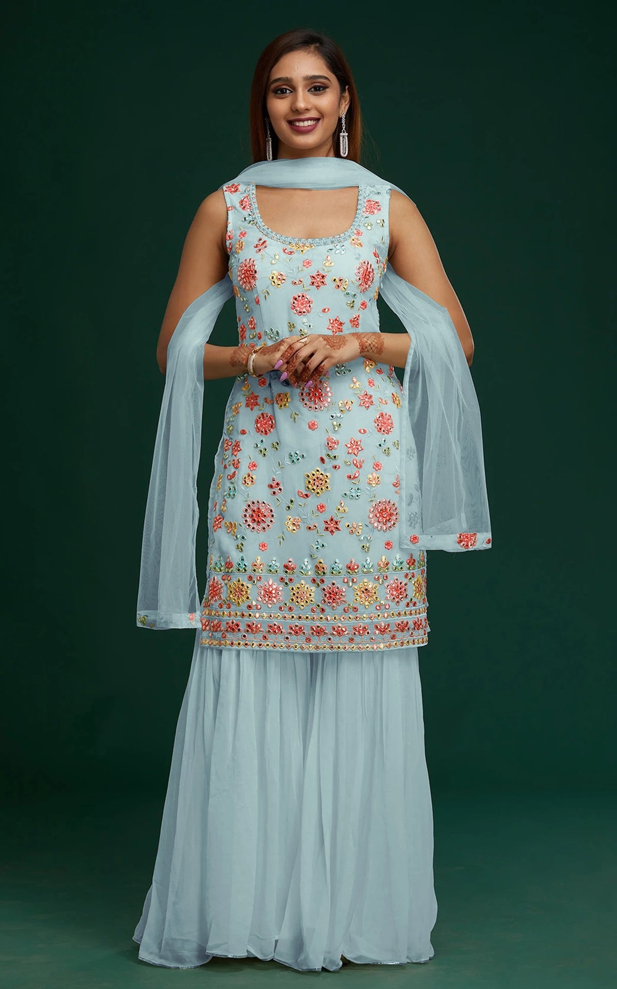 SKy Blue Color Hevey Faux Georgette Embroidery And Mirror Work Fancy Palazzo suit - Joshindia