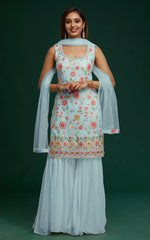 SKy Blue Color Hevey Faux Georgette Embroidery And Mirror Work Fancy Palazzo suit - Joshindia