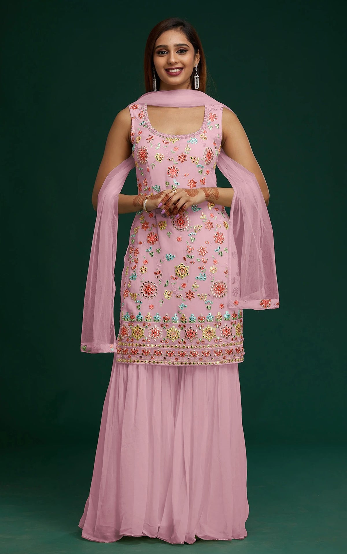 Pink Color Hevey Faux Georgette Embroidery And Mirror Work Fancy Palazzo suit - Joshindia