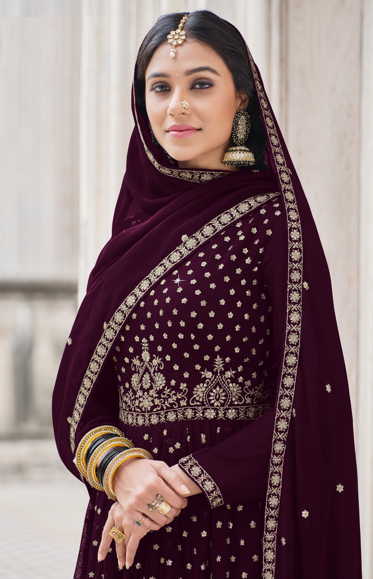 Wine Color Embroidered Designer Palazzo Salwar Kameez - Joshindia
