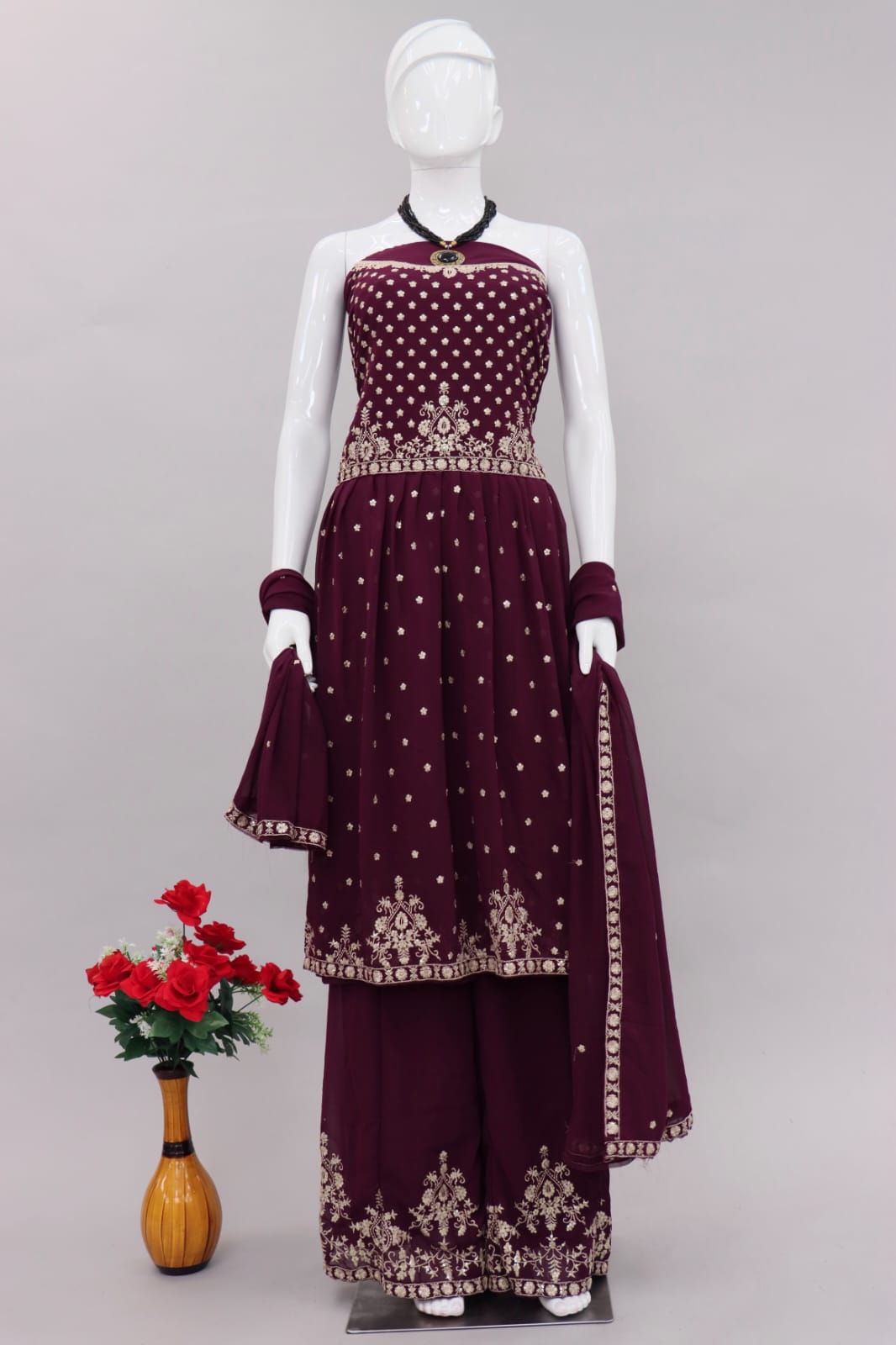 Wine Color Embroidered Designer Palazzo Salwar Kameez - Joshindia