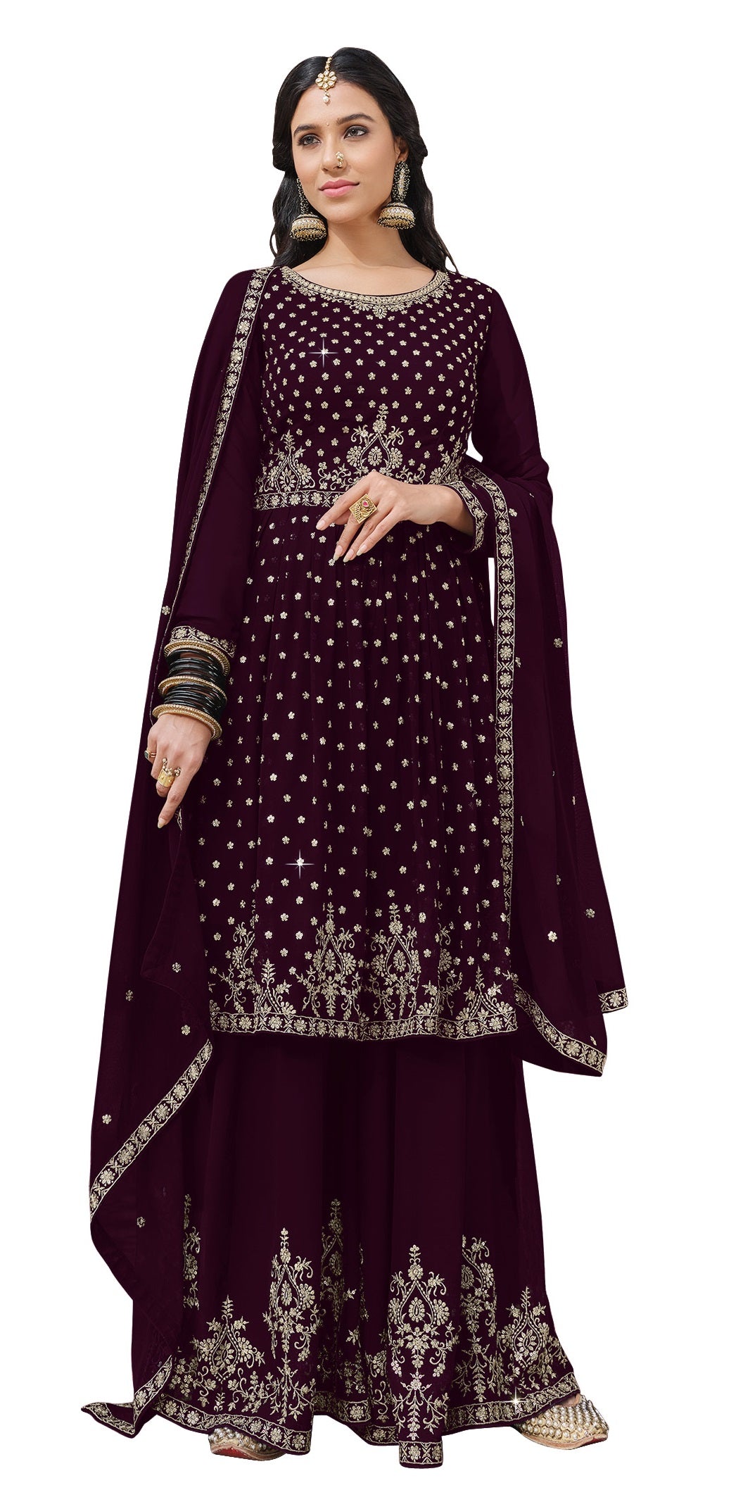 Wine Color Embroidered Designer Palazzo Salwar Kameez - Joshindia