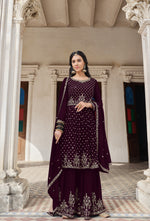 Wine Color Embroidered Designer Palazzo Salwar Kameez - Joshindia
