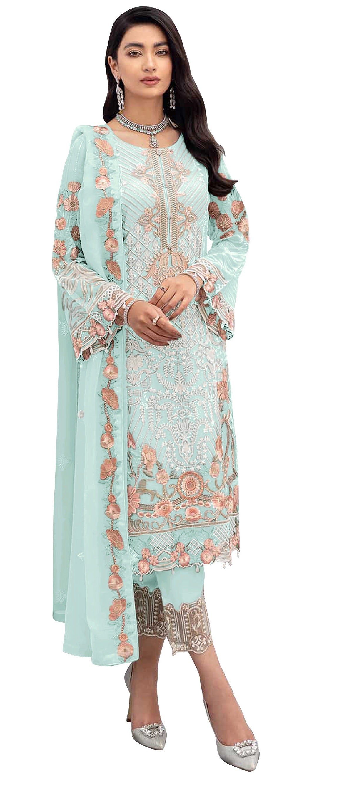 Sky BLue Color Faux Georgette Straight Salwar Suit