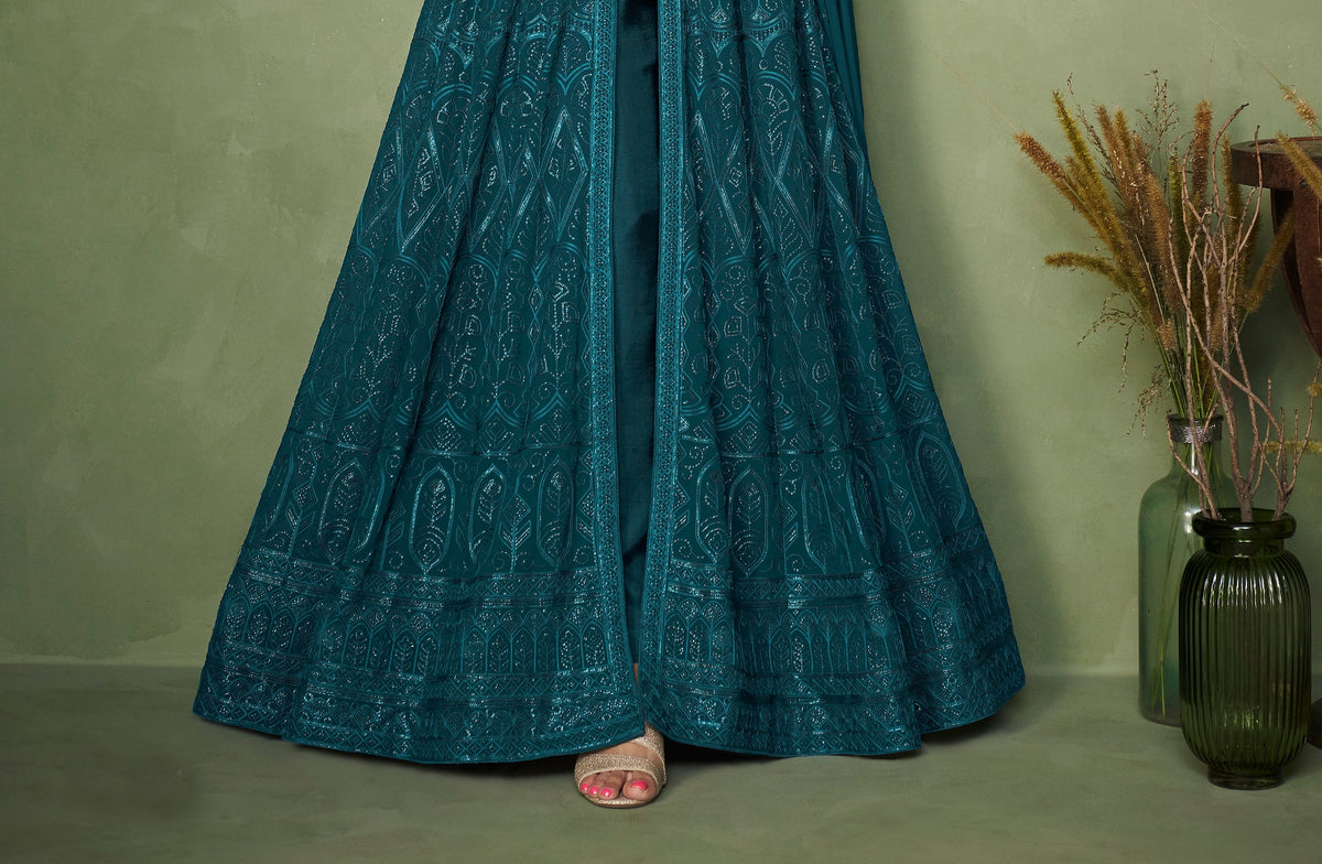 Sea Blue Color Heavy Sequence Work Anarkali Salwar Suit - Joshindia
