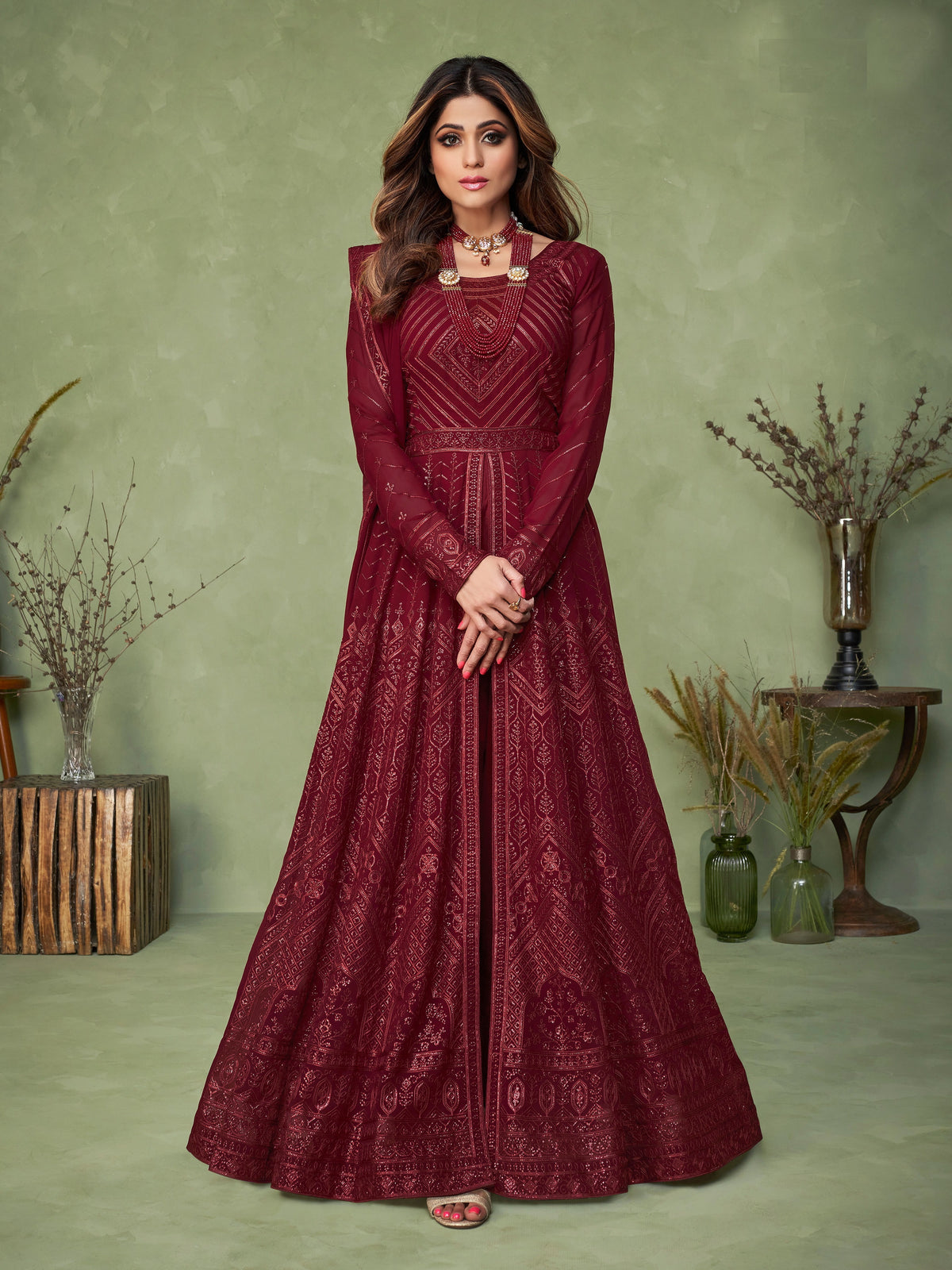Maroon Color Heavy Sequence Work Anarkali Salwar Suit - Joshindia