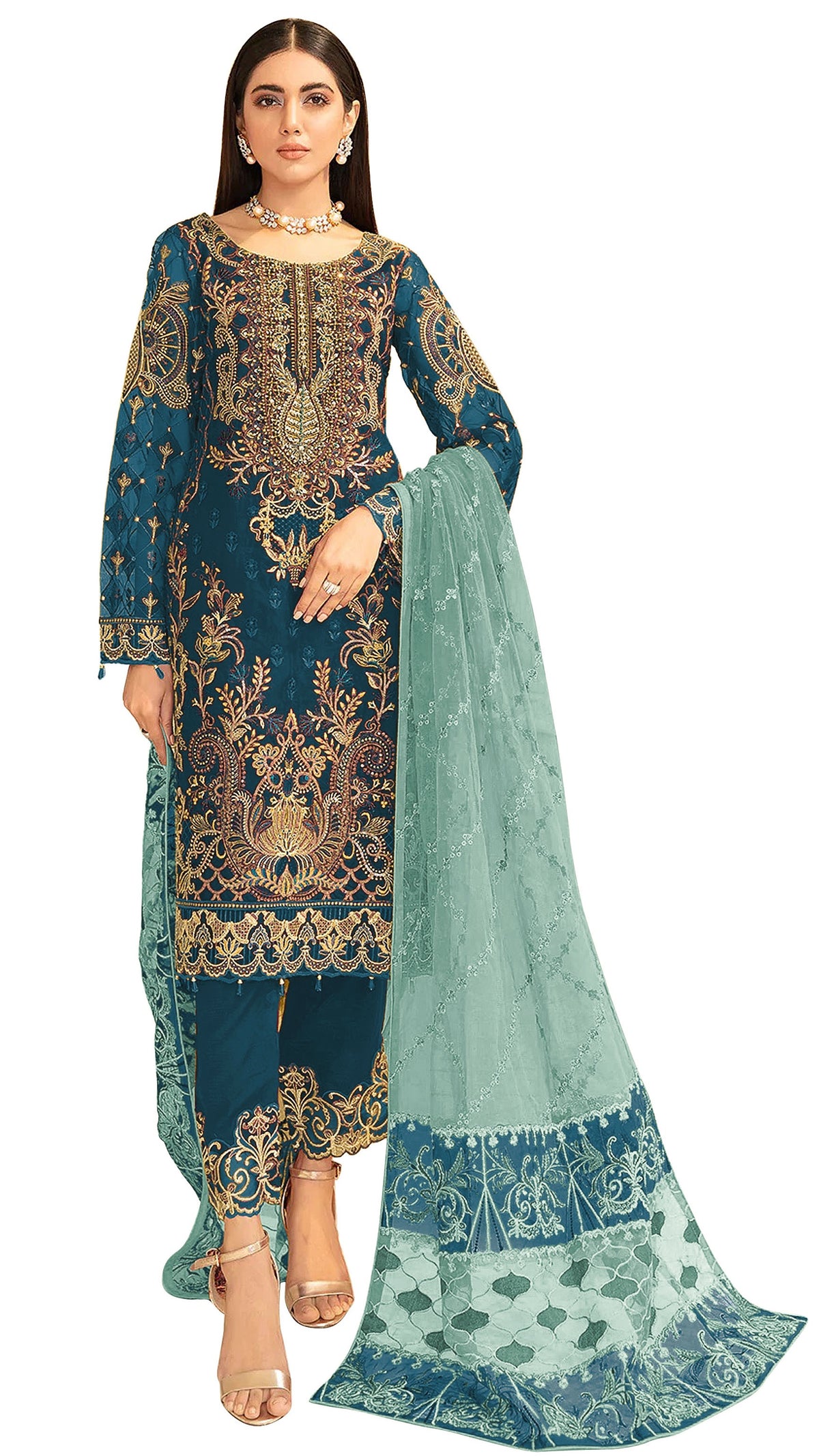 Sea Blue Color Heavy Georgette Straight Salwar Suit - Joshindia