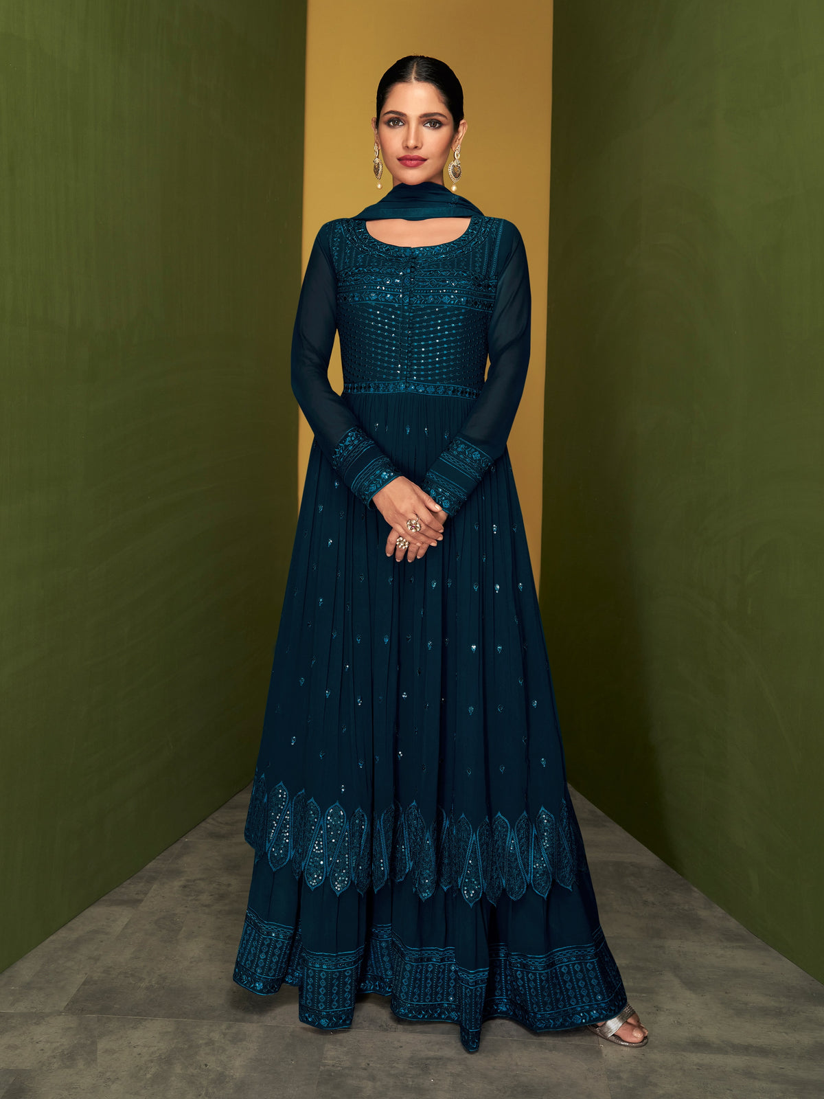 Sea Green Color Faux Georgette Anarakali Long Salwar Suit - Joshindia