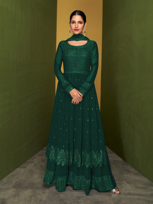 Green Color Faux Georgette Anarakali Long Salwar Suit