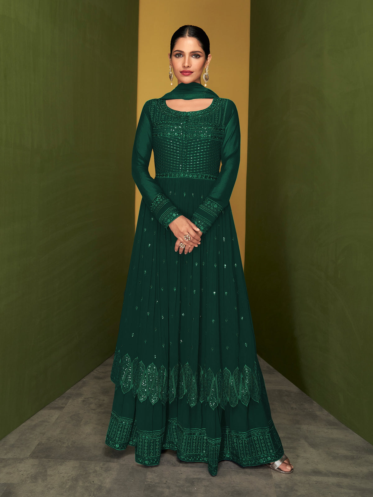 Green Color Faux Georgette Anarakali Long Salwar Suit - Joshindia