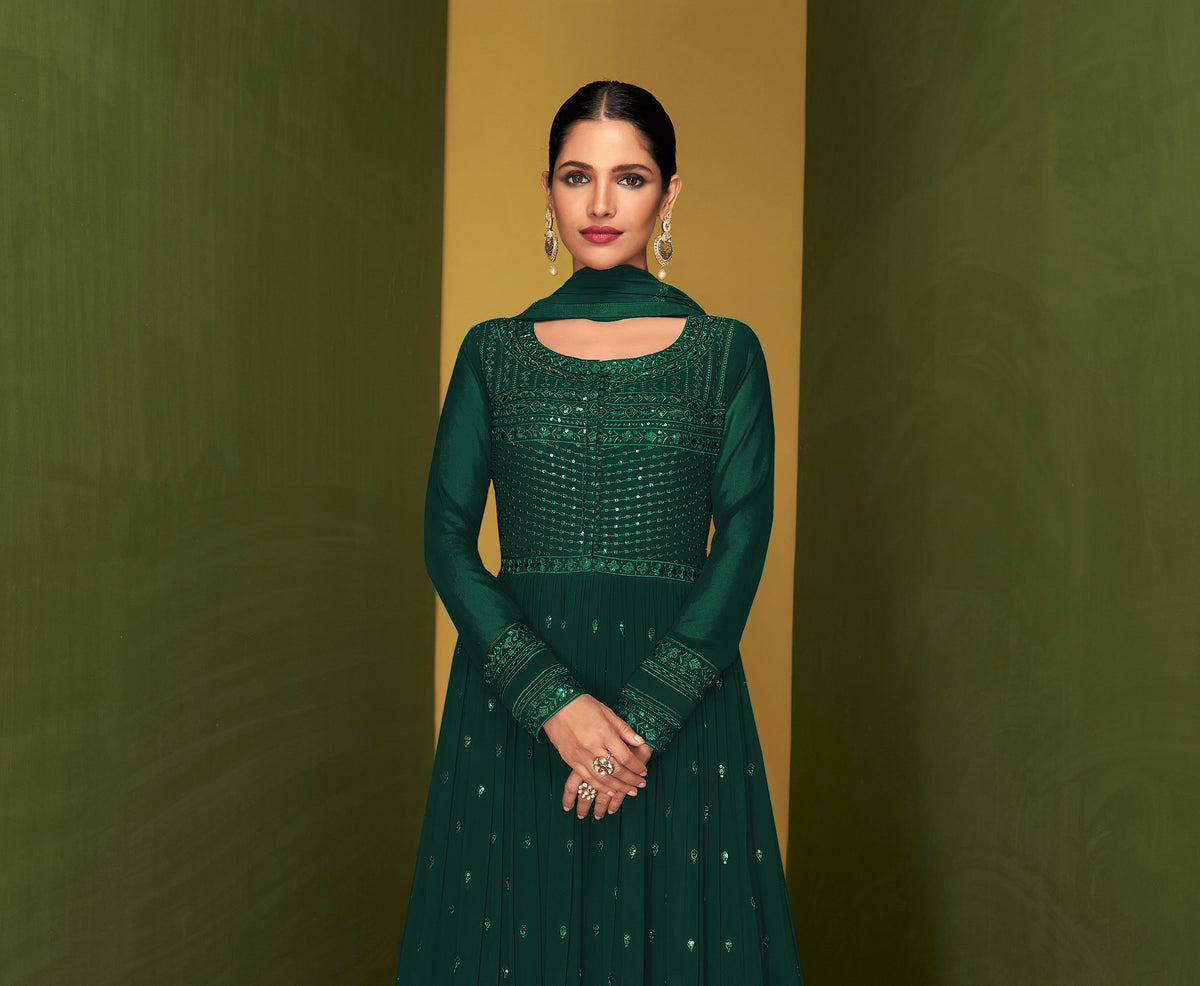 Green Color Faux Georgette Anarakali Long Salwar Suit - Joshindia