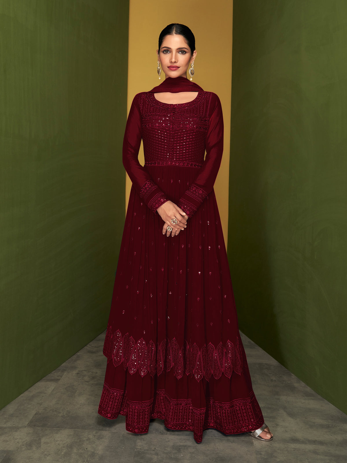 Maroon Color Faux Georgette Anarakali Long Salwar Suit - Joshindia