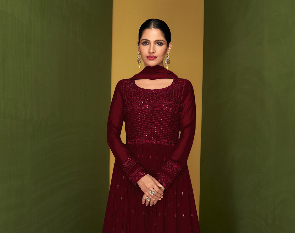 Maroon Color Faux Georgette Anarakali Long Salwar Suit - Joshindia