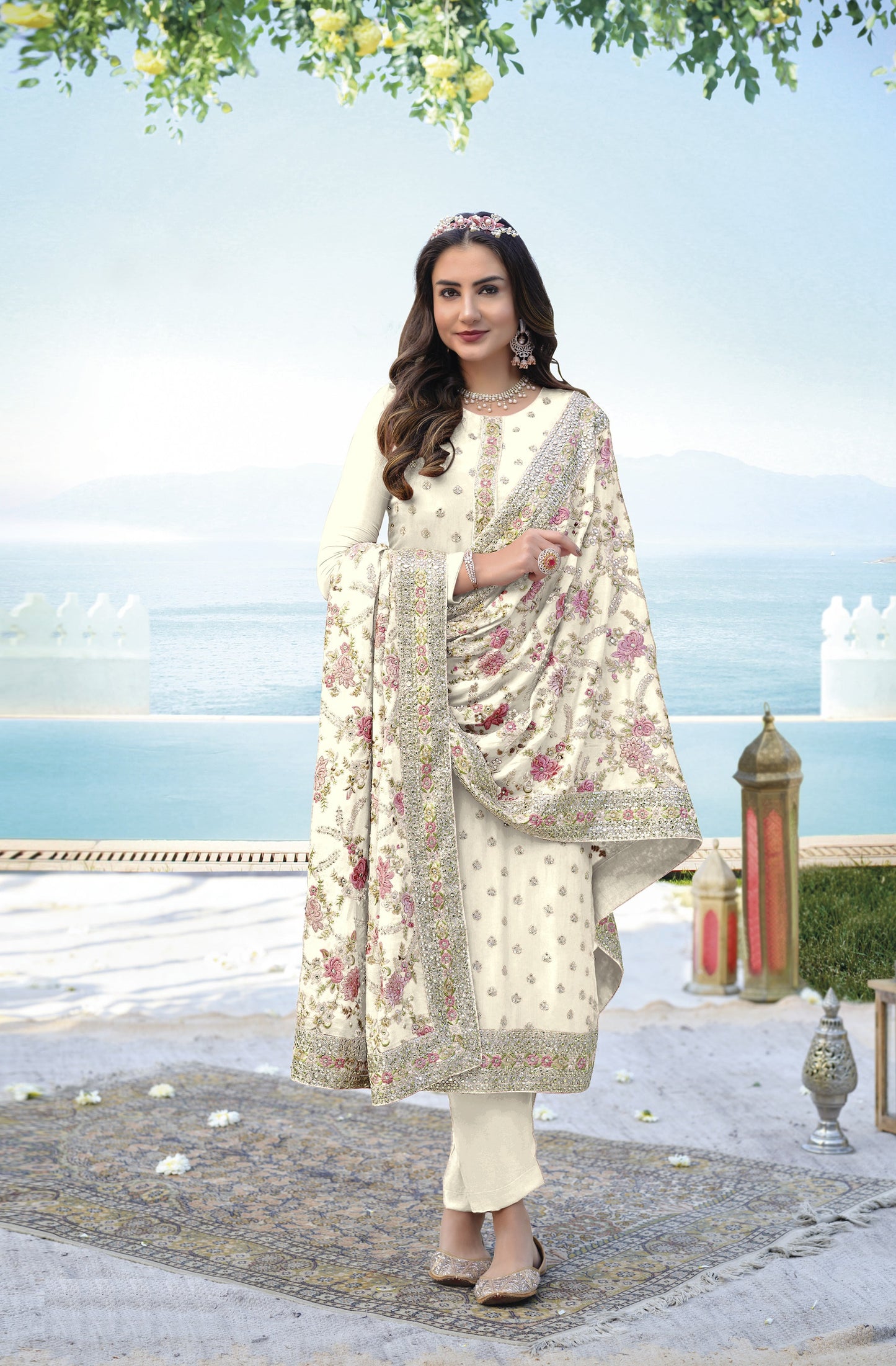 White Color Georgette Straight Salwar Suit