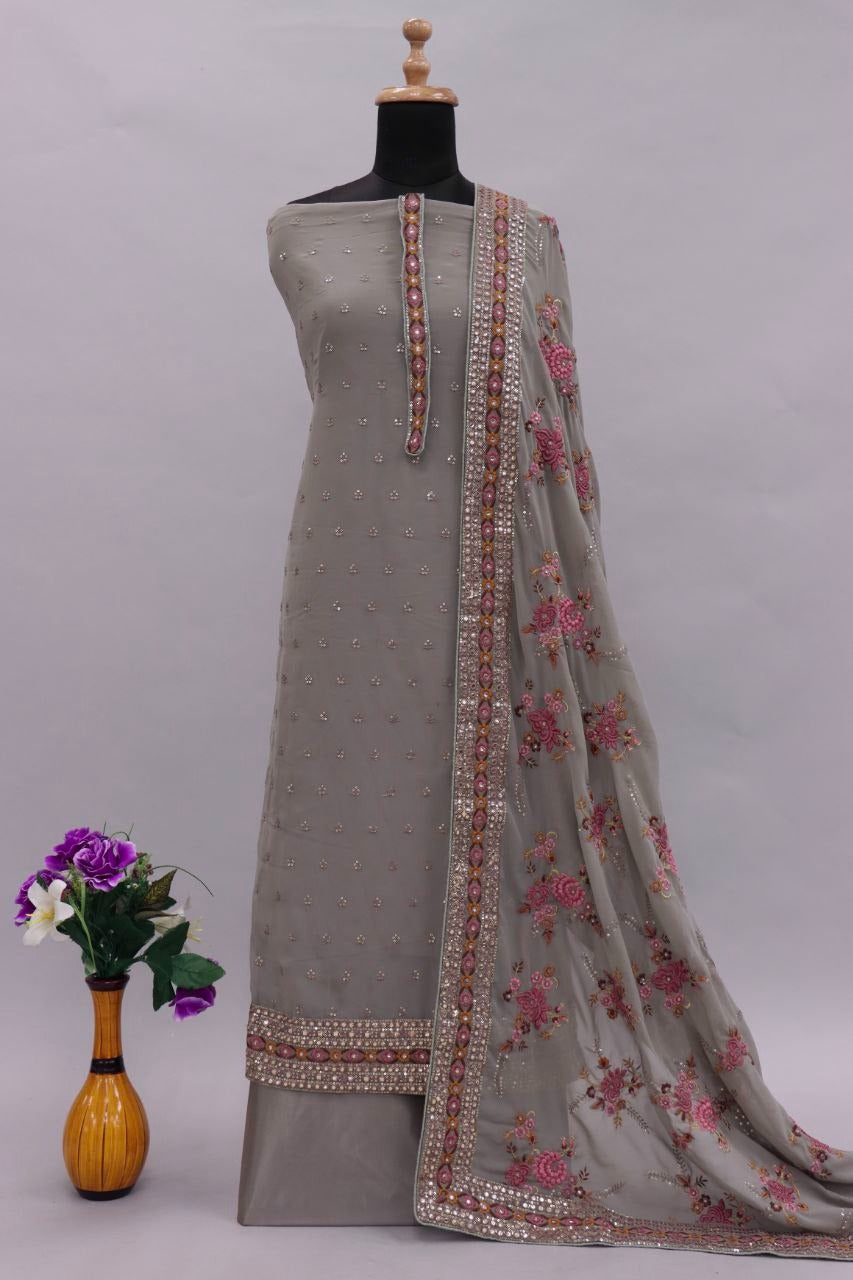 Grey Color Georgette Straight Salwar Suit - Joshindia