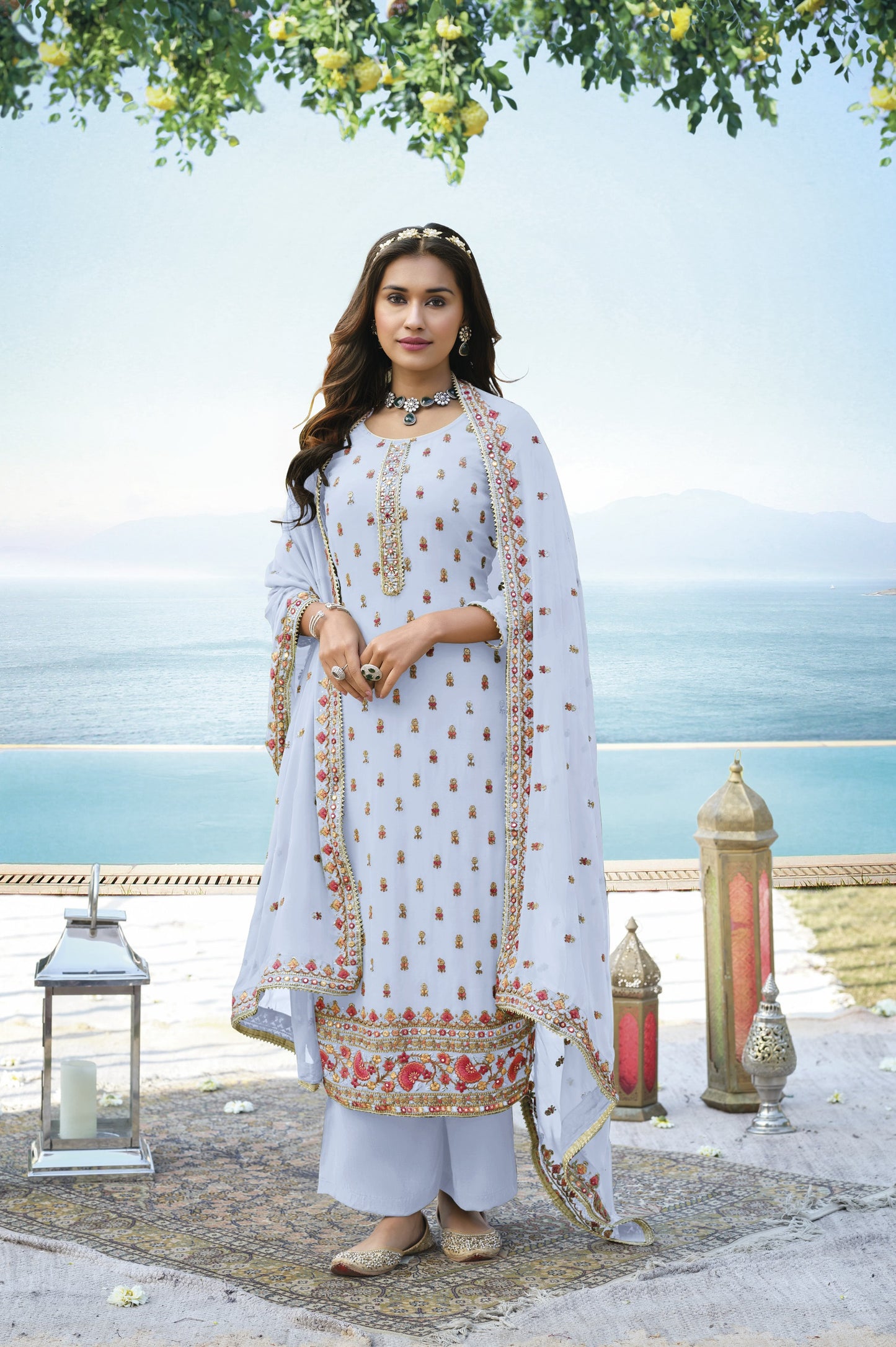 White Color Georgette Straight Palazzo Salwar Suit
