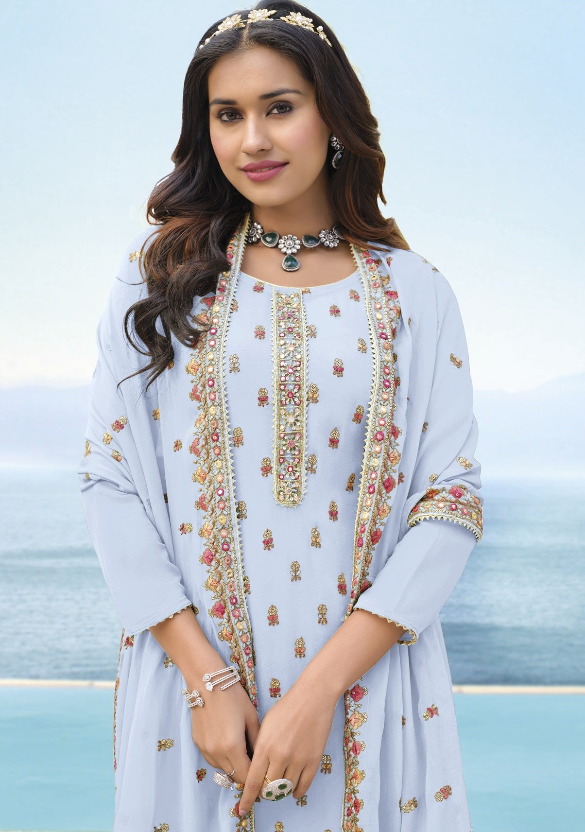 White Color Georgette Straight Palazzo Salwar Suit