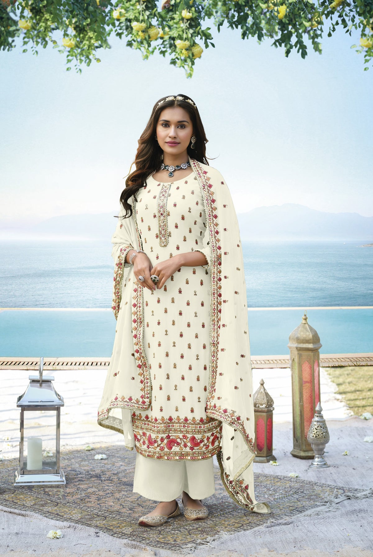 Off White Color Georgette Straight Palazzo Salwar Suit - Joshindia