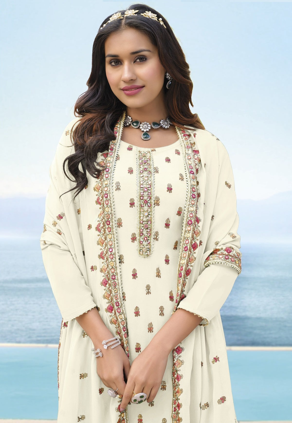 Off White Color Georgette Straight Palazzo Salwar Suit - Joshindia