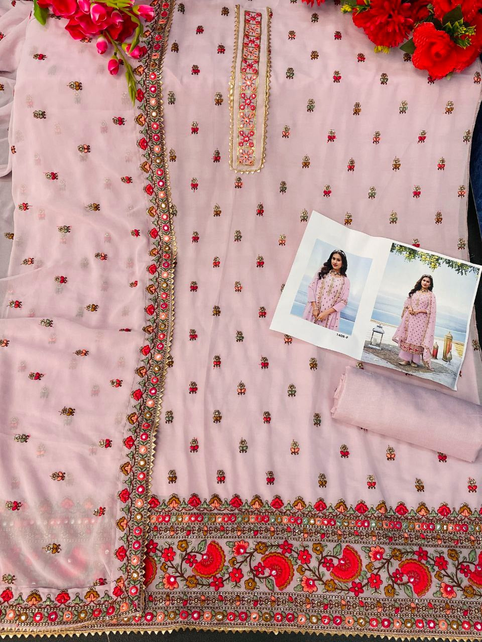 Pink Color Georgette Straight Palazzo Salwar Suit