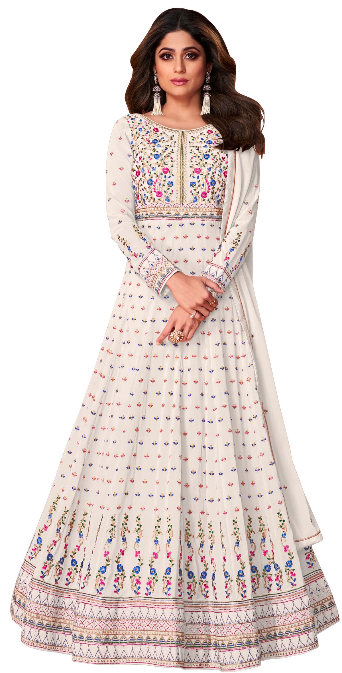 White Color Faux Georgette Long Anarakali salwar Suit - Joshindia