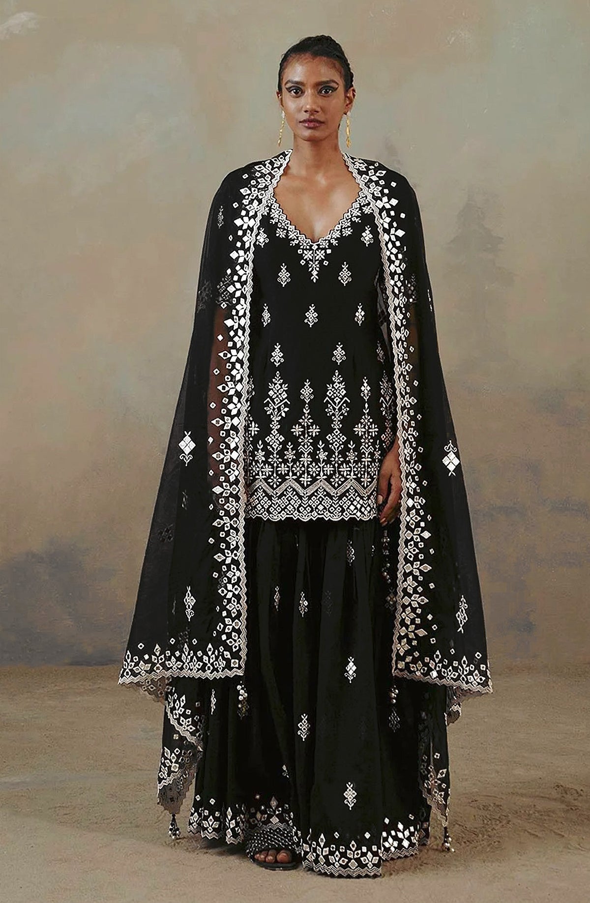 Black Color Faux Georgette With Cotton Mirror Work Sharara Salwar suit - Joshindia