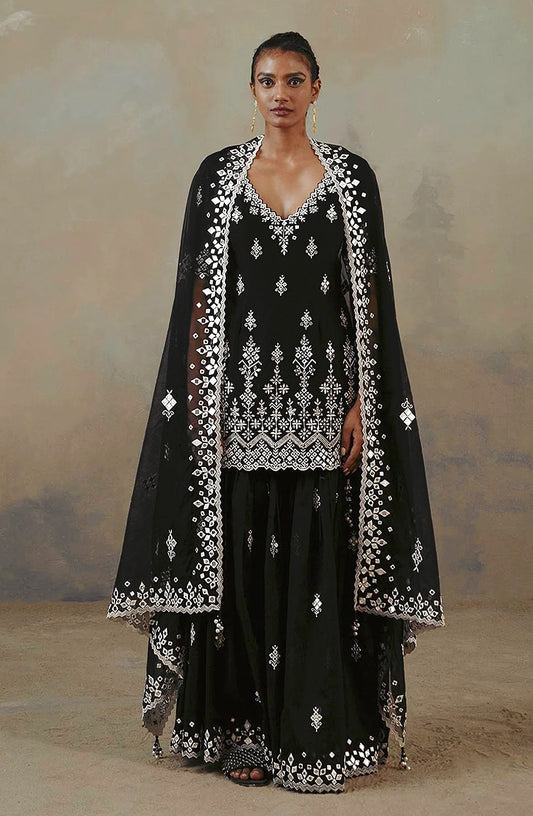 Black Color Faux Georgette With Cotton Mirror Work Sharara Salwar suit