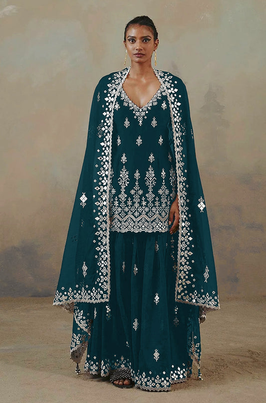 Sea Blue Color Faux Georgette With Cotton Mirror Work Sharara Salwar suit