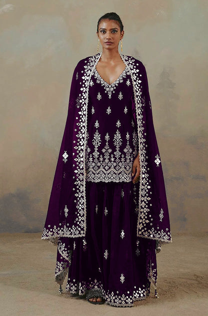 Purple Color Faux Georgette With Cotton Mirror Work Sharara Salwar suit