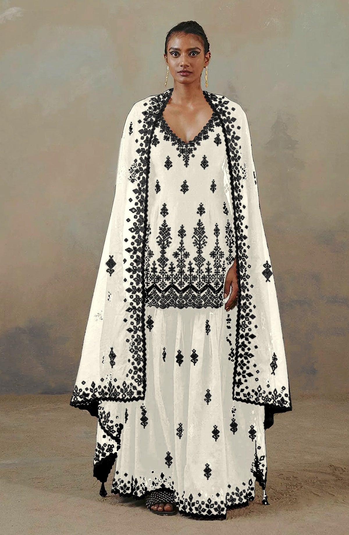 White Color Faux Georgette With Cotton Mirror Work Sharara Salwar suit - Joshindia