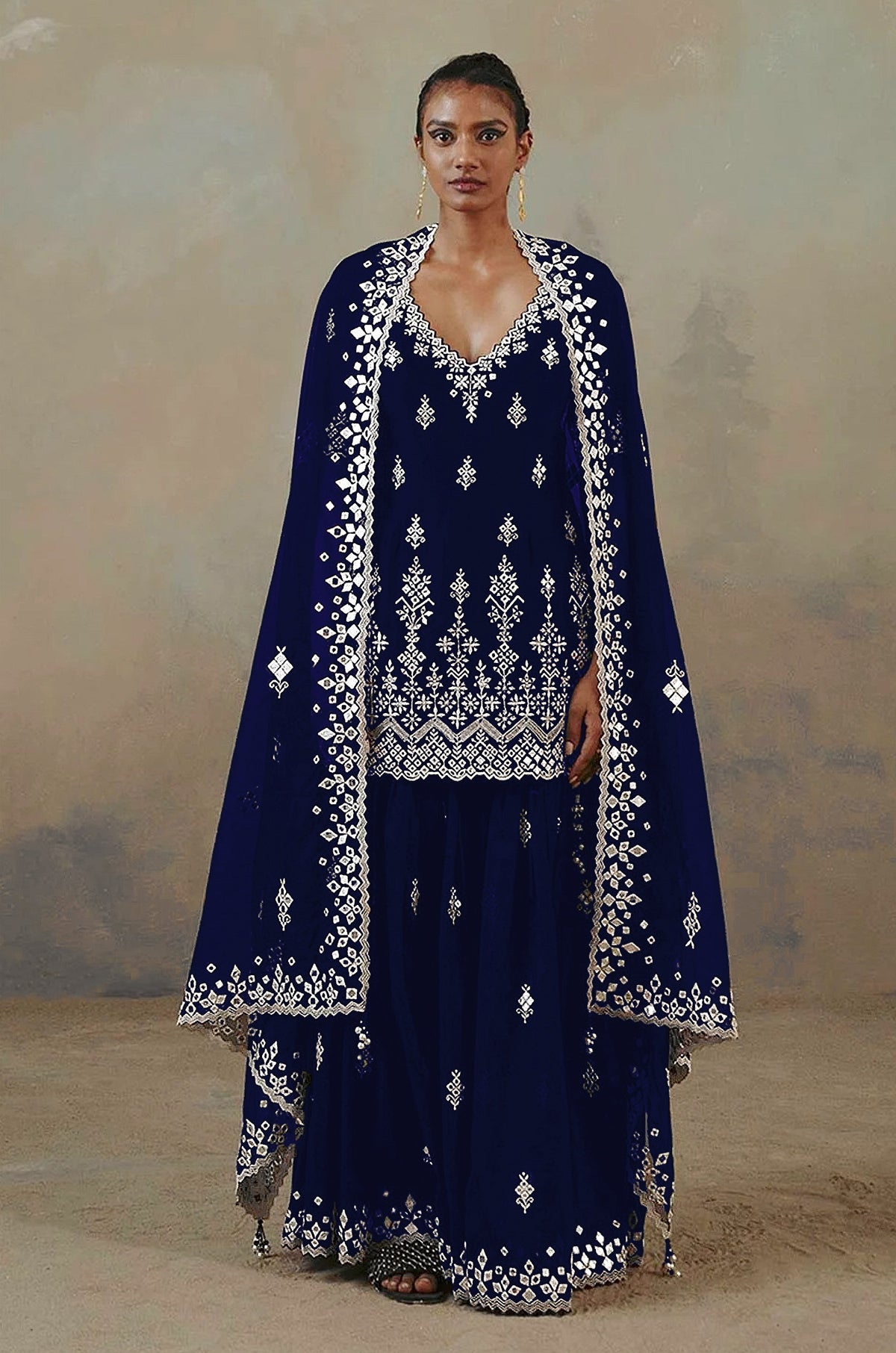 Nevy Blue Color Faux Georgette With Cotton Mirror Work Sharara Salwar suit - Joshindia