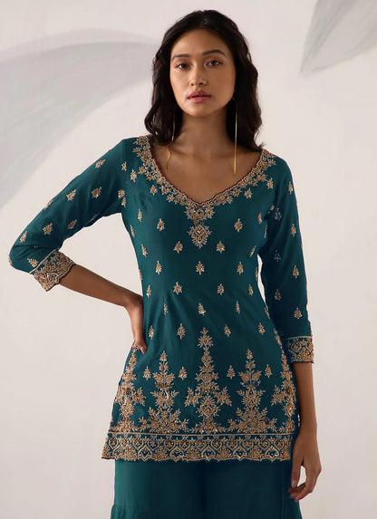 Sea Blue Color Heavy Georgette With Sequence Work Sharara suit