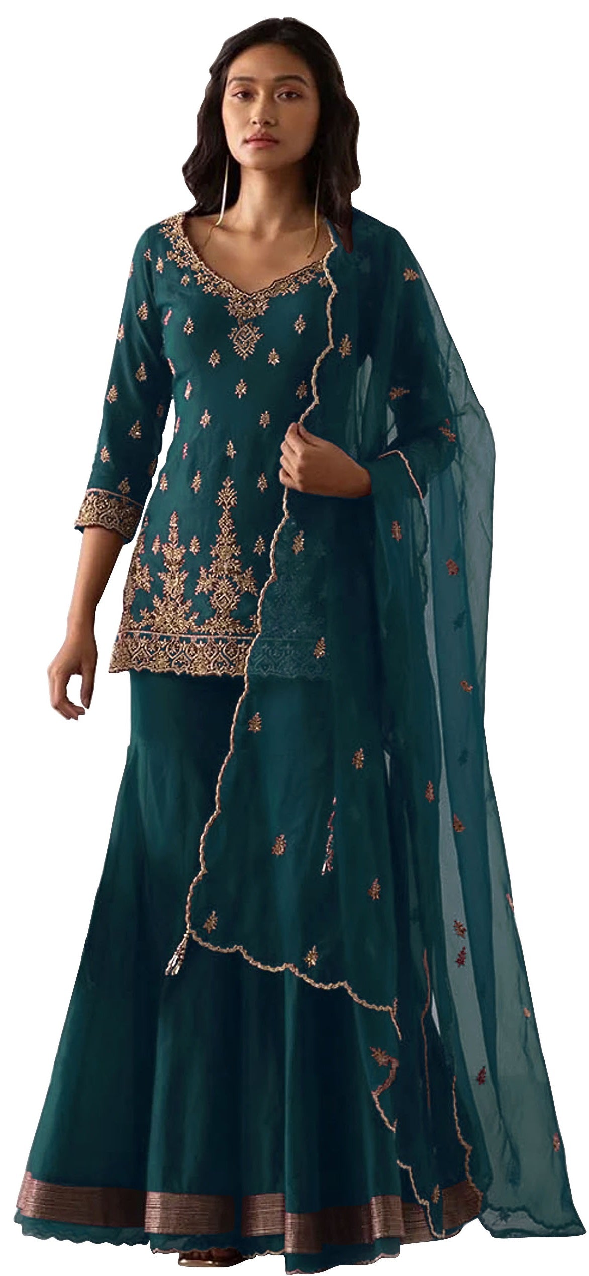 Sea Blue Color Heavy Georgette With Sequence Work Sharara suit - Joshindia