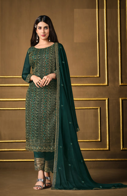 Green Color Silk Heavy Embroidery Straight Salwar Suit