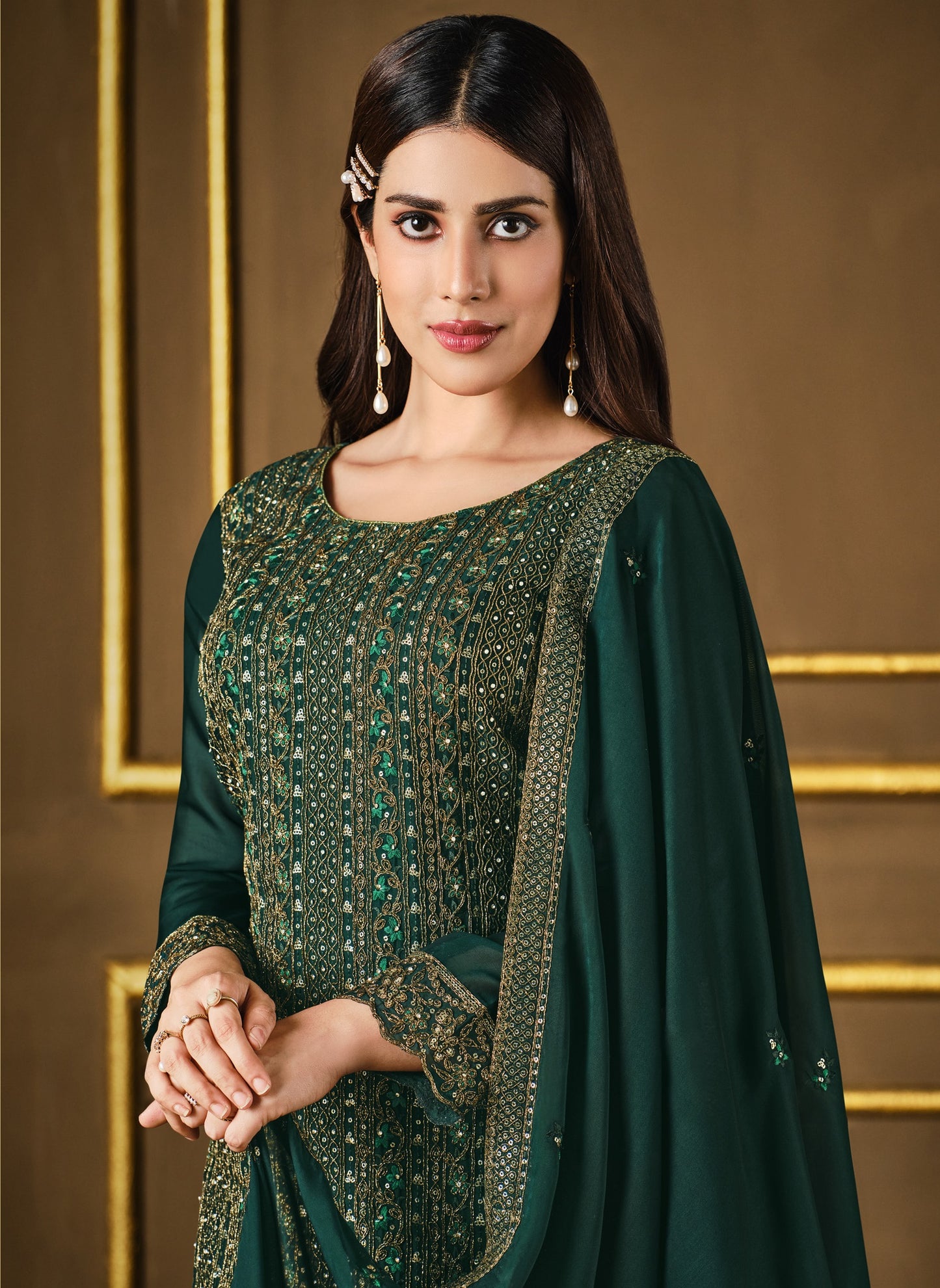 Green Color Silk Heavy Embroidery Straight Salwar Suit
