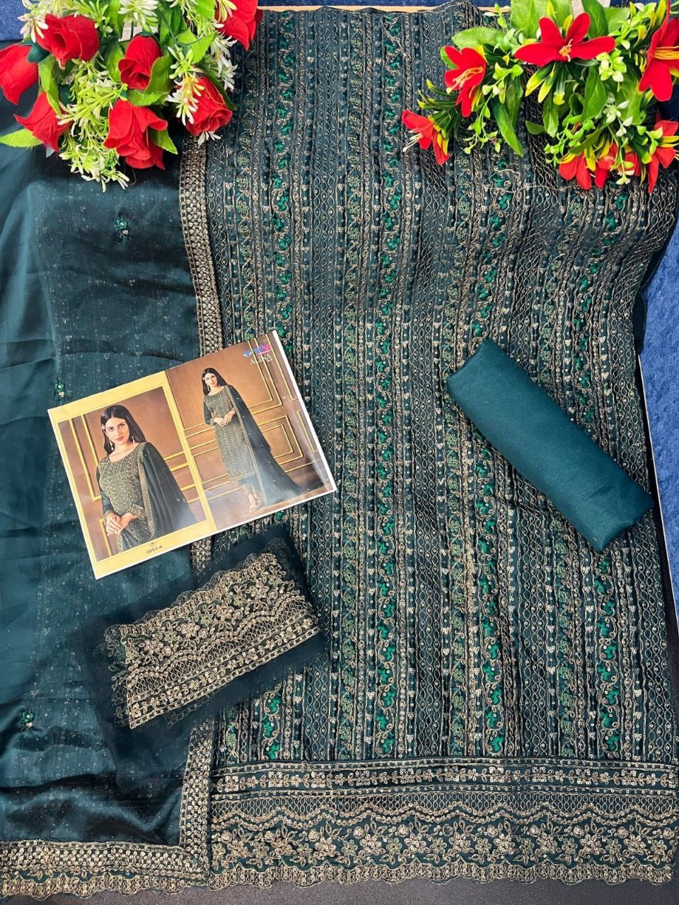 Green Color Silk Heavy Embroidery Straight Salwar Suit - Joshindia