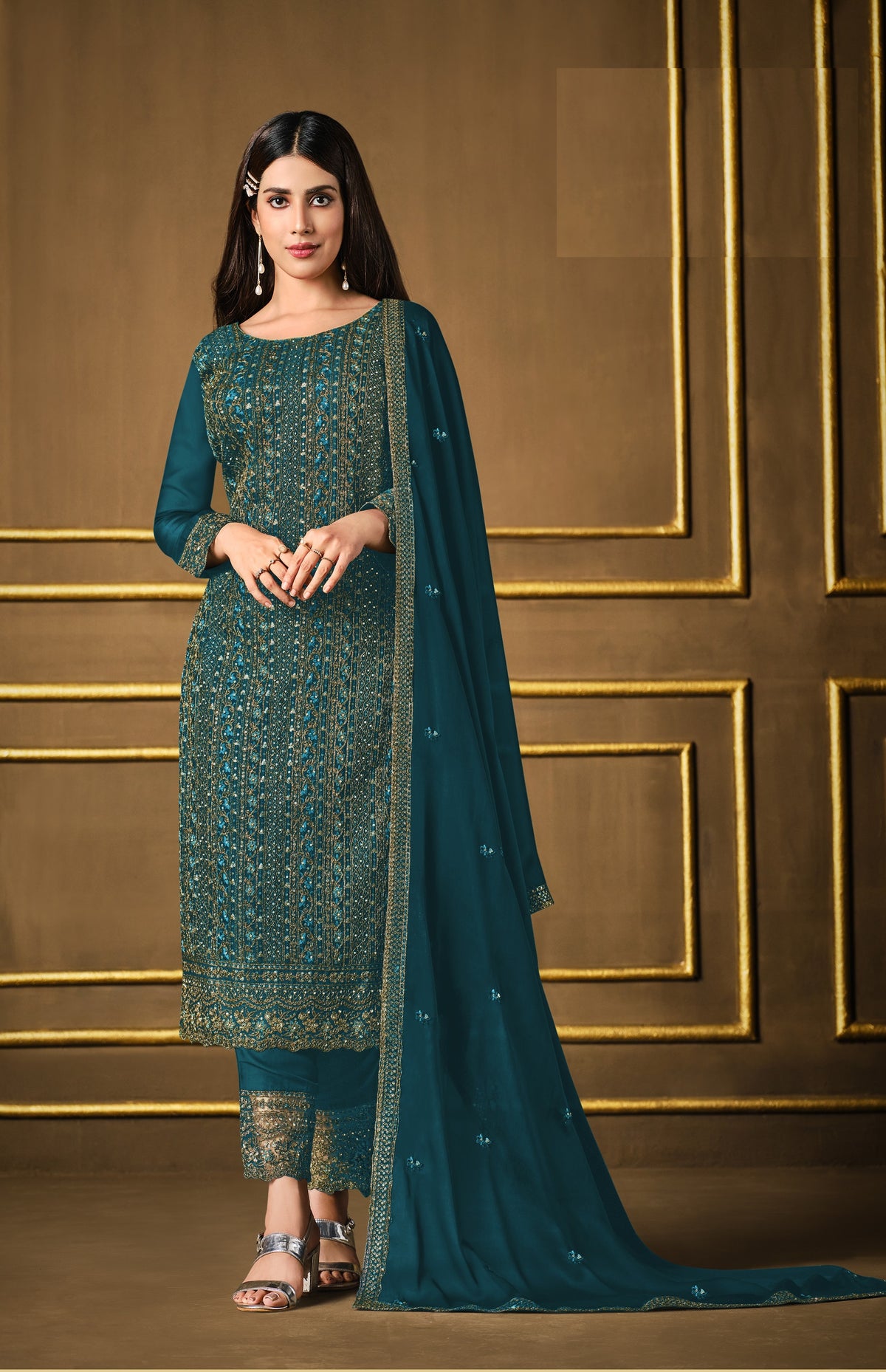 Sea Blue Color Silk Heavy Embroidery Straight Salwar Suit - Joshindia