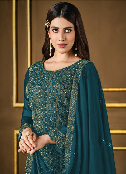 Sea Blue Color Silk Heavy Embroidery Straight Salwar Suit