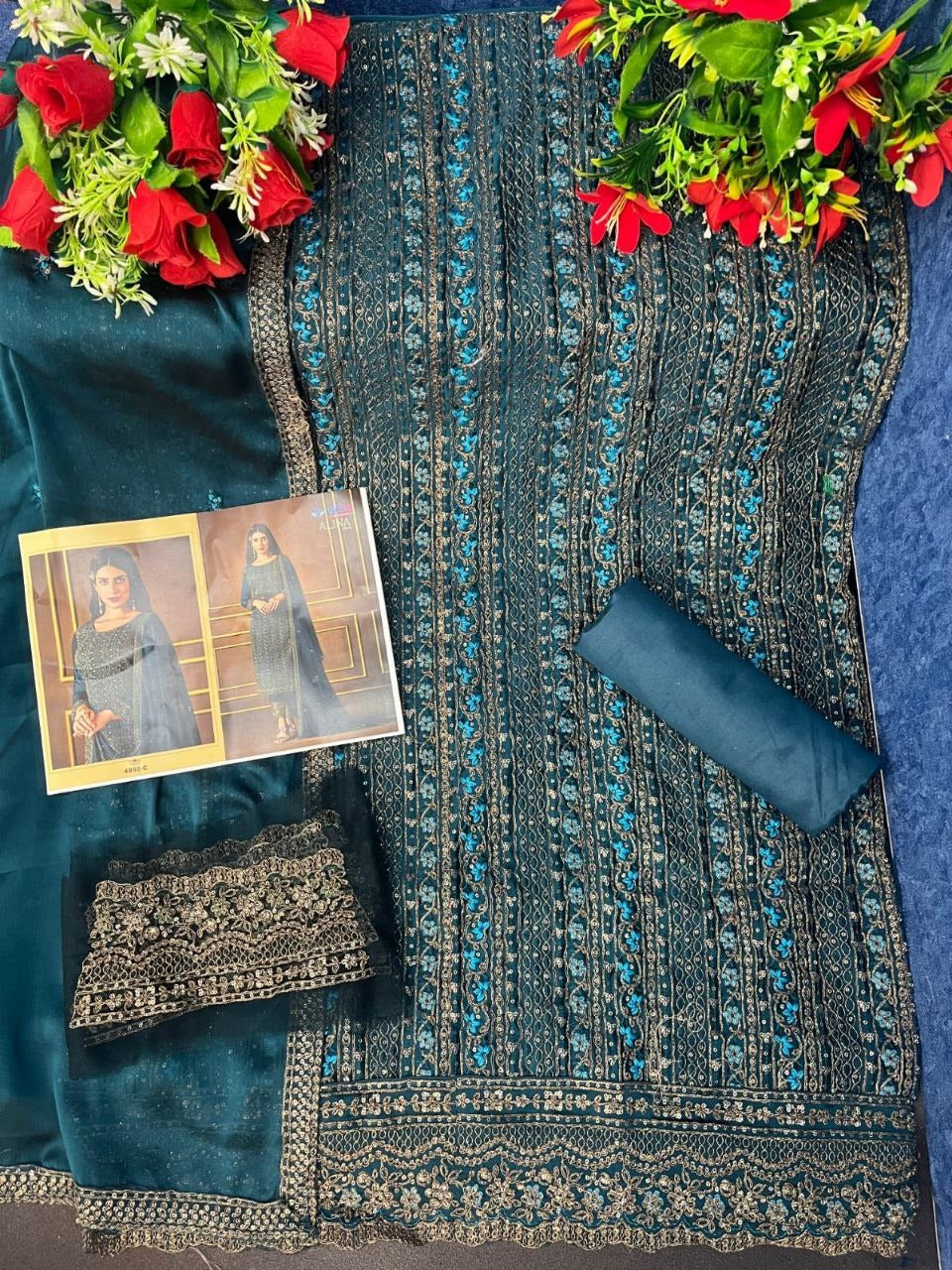 Sea Blue Color Silk Heavy Embroidery Straight Salwar Suit - Joshindia