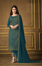 Sea Blue Color Silk Heavy Embroidery Straight Salwar Suit - Joshindia
