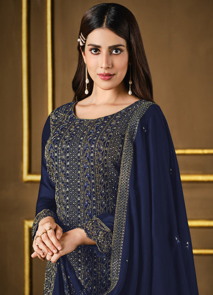 Navy Blue Color Silk Heavy Embroidery Straight Salwar Suit